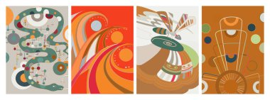 Sanatsal soyut vektör. Duvar yazısı tarzında süslü kıvrımlı posterler. Kübizm sanat tasarım elementleri. Modern mistik doğal ruhani fikir. El çiziminde gelecekçi geometri.