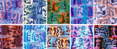 Vektörsüz şablon ayarlandı. Organik Matisse şekilleri. Doğal toprak renginde çiçek sualtı yaşamı. Soyut deniz yosunu kamuflaj arka planı. Moda dalgalı geometri. Rastgele katmanlanmış el çizimi sanat.