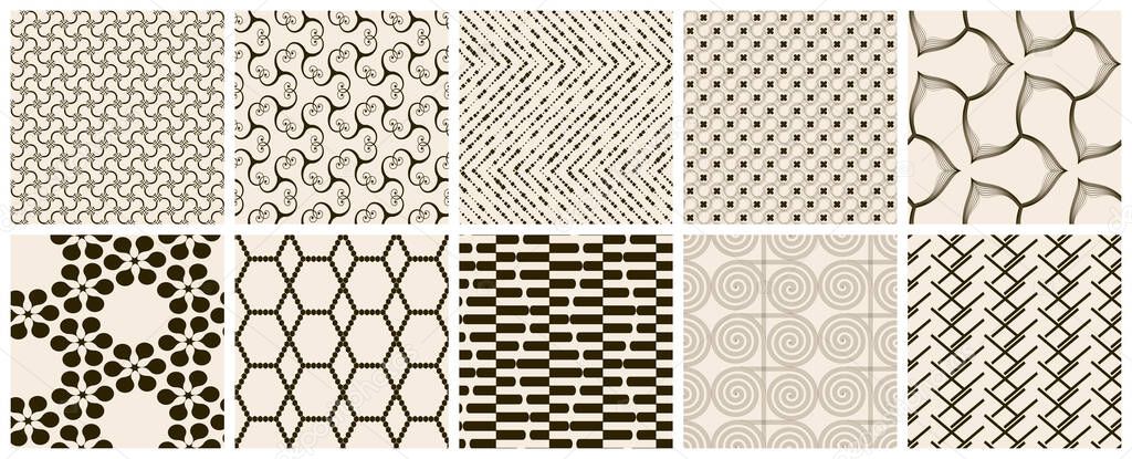 Seamless vector pattern set. Abstract simple geometrical texture. Dark brown on yellow old paper background.  Retro thin lines. Modern lattice graphic design.
