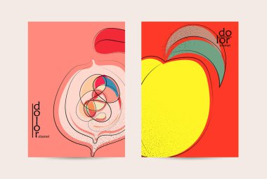 El çizimi meyve grunge desenli soyut vektör şablonu. Düz renkli gıda konsepti çizimi. Sağlıklı beslenme broşürü. Çizgi sanat meyvesi logosu tasarımı. Kavisli dalgalı çizgiler.