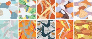 Soyut vektörsüz şablon ayarlandı. Organik grunge, üst üste binen dalgalı şekiller ve çizgiler. El yazısıyla çizilmiş pastel renkli arka plan. Çizgili noktalı yaprak formları. Düz tekstil kumaşı.