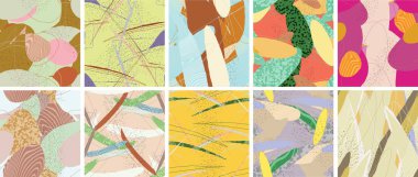 Soyut vektörsüz şablon ayarlandı. Organik grunge, üst üste binen dalgalı şekiller ve çizgiler. El yazısıyla çizilmiş pastel renkli arka plan. Çizgili noktalı yaprak formları. Düz tekstil kumaşı.