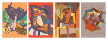 Sanatsal soyut vektör. Duvar yazısı tarzında süslü kıvrımlı posterler. Kübizm sanat tasarım elementleri. Modern mistik doğal ruhani fikir. El çiziminde gelecekçi geometri.