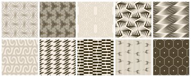 Kusursuz vektör deseni ayarlandı. Soyut basit geometrik doku. Eski sarı kağıtta koyu kahverengi. Geriye dönük ince çizgiler. Modern kafes grafik tasarımı.