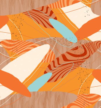 Soyut vektör kusursuz desen. Organik grunge, üst üste binen dalgalı şekiller ve çizgiler. El yazısıyla çizilmiş pastel renkli arka plan. Çizgili noktalı yaprak formları. Düz tekstil kumaşı. 