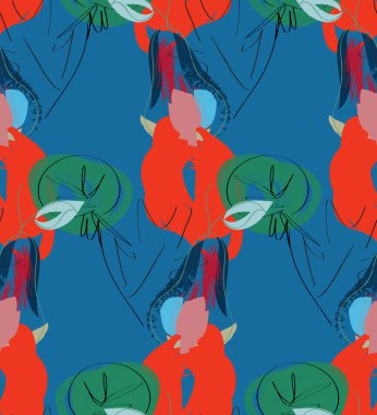 Elle çizilmiş karalamalarla soyut, pürüzsüz desen. İşaretli boya ile yapılmış parlak renkli karalamalar. Pürüzlü mürekkep damlaları ve çiçek bahçesi motifi. Sanatsal duvar kağıdı kaplama tasarımı.