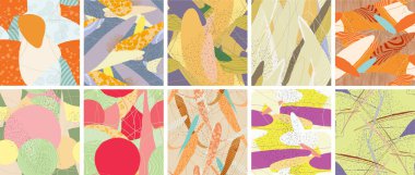 Soyut vektörsüz şablon ayarlandı. Organik grunge, üst üste binen dalgalı şekiller ve çizgiler. El yazısıyla çizilmiş pastel renkli arka plan. Çizgili noktalı yaprak formları. Düz tekstil kumaşı.