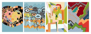 Sanatsal soyut vektör. Duvar yazısı tarzında süslü kıvrımlı posterler. Kübizm sanat tasarım elementleri. Modern mistik doğal ruhani fikir. El çiziminde gelecekçi geometri.