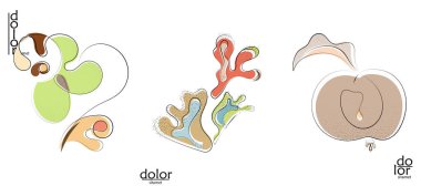 Soyut el çizimi vektör sanatsal logo seti beyaza izole edildi. Çizgi sanatsal çizim ve doku. Retro düz renkler organik doğal Eko gıda tasarımı. Organik sağlıklı vejetaryen karalaması..