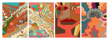 Sanatsal soyut vektör. Duvar yazısı tarzında süslü kıvrımlı posterler. Kübizm sanat tasarım elementleri. Modern mistik doğal ruhani fikir. El çiziminde gelecekçi geometri.