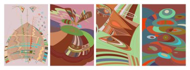 Sanatsal soyut vektör. Duvar yazısı tarzında süslü kıvrımlı posterler. Kübizm sanat tasarım elementleri. Modern mistik doğal ruhani fikir. El çiziminde gelecekçi geometri.