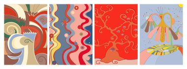 Sanatsal soyut vektör. Duvar yazısı tarzında süslü kıvrımlı posterler. Kübizm sanat tasarım elementleri. Modern mistik doğal ruhani fikir. El çiziminde gelecekçi geometri.