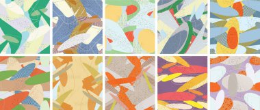 Soyut vektörsüz şablon ayarlandı. Organik grunge, üst üste binen dalgalı şekiller ve çizgiler. El yazısıyla çizilmiş pastel renkli arka plan. Çizgili noktalı yaprak formları. Düz tekstil kumaşı.