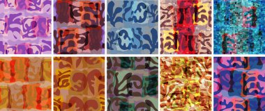 Vektörsüz şablon ayarlandı. Organik Matisse şekilleri. Doğal toprak renginde çiçek sualtı yaşamı. Soyut deniz yosunu kamuflaj arka planı. Moda dalgalı geometri. Rastgele katmanlanmış el çizimi sanat.