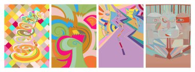 Sanatsal soyut vektör. Duvar yazısı tarzında süslü kıvrımlı posterler. Kübizm sanat tasarım elementleri. Modern mistik doğal ruhani fikir. El çiziminde gelecekçi geometri.