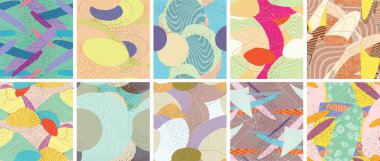 Soyut vektörsüz şablon ayarlandı. Organik grunge, üst üste binen dalgalı şekiller ve çizgiler. El yazısıyla çizilmiş pastel renkli arka plan. Çizgili noktalı yaprak formları. Düz tekstil kumaşı.