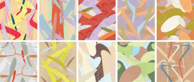 Soyut vektörsüz şablon ayarlandı. Organik grunge, üst üste binen dalgalı şekiller ve çizgiler. El yazısıyla çizilmiş pastel renkli arka plan. Çizgili noktalı yaprak formları. Düz tekstil kumaşı.