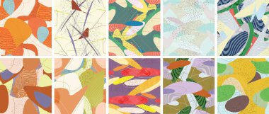 Soyut vektörsüz şablon ayarlandı. Organik grunge, üst üste binen dalgalı şekiller ve çizgiler. El yazısıyla çizilmiş pastel renkli arka plan. Çizgili noktalı yaprak formları. Düz tekstil kumaşı.