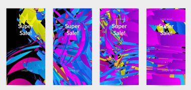 Parlak renkli küçük parçacık patlaması ile soyut sosyal medya şablonu. Spor müziği sosyal medya düzeni. Dış uzay hareketli optik sanat dinamik arka planı. Gelecekçi vektör.