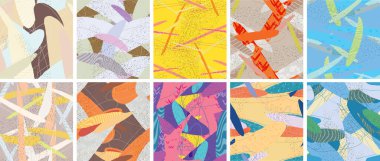 Soyut vektörsüz şablon ayarlandı. Organik grunge, üst üste binen dalgalı şekiller ve çizgiler. El yazısıyla çizilmiş pastel renkli arka plan. Çizgili noktalı yaprak formları. Düz tekstil kumaşı.