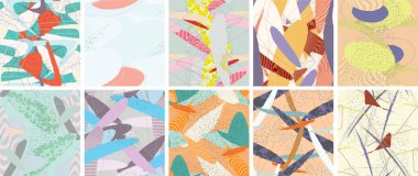 Soyut vektörsüz şablon ayarlandı. Organik grunge, üst üste binen dalgalı şekiller ve çizgiler. El yazısıyla çizilmiş pastel renkli arka plan. Çizgili noktalı yaprak formları. Düz tekstil kumaşı.