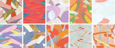 Soyut vektörsüz şablon ayarlandı. Organik grunge, üst üste binen dalgalı şekiller ve çizgiler. El yazısıyla çizilmiş pastel renkli arka plan. Çizgili noktalı yaprak formları. Düz tekstil kumaşı.