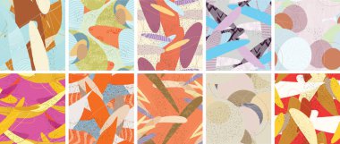 Soyut vektörsüz şablon ayarlandı. Organik grunge, üst üste binen dalgalı şekiller ve çizgiler. El yazısıyla çizilmiş pastel renkli arka plan. Çizgili noktalı yaprak formları. Düz tekstil kumaşı.