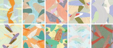 Soyut vektörsüz şablon ayarlandı. Organik grunge, üst üste binen dalgalı şekiller ve çizgiler. El yazısıyla çizilmiş pastel renkli arka plan. Çizgili noktalı yaprak formları. Düz tekstil kumaşı.