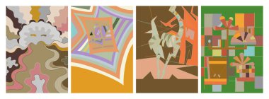 Sanatsal soyut vektör. Duvar yazısı tarzında süslü kıvrımlı posterler. Kübizm sanat tasarım elementleri. Modern mistik doğal ruhani fikir. El çiziminde gelecekçi geometri.