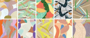 Soyut vektörsüz şablon ayarlandı. Organik grunge, üst üste binen dalgalı şekiller ve çizgiler. El yazısıyla çizilmiş pastel renkli arka plan. Çizgili noktalı yaprak formları. Düz tekstil kumaşı.