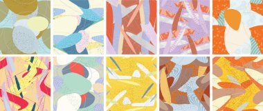 Soyut vektörsüz şablon ayarlandı. Organik grunge, üst üste binen dalgalı şekiller ve çizgiler. El yazısıyla çizilmiş pastel renkli arka plan. Çizgili noktalı yaprak formları. Düz tekstil kumaşı.