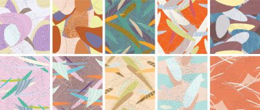 Soyut vektörsüz şablon ayarlandı. Organik grunge, üst üste binen dalgalı şekiller ve çizgiler. El yazısıyla çizilmiş pastel renkli arka plan. Çizgili noktalı yaprak formları. Düz tekstil kumaşı.