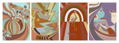 Sanatsal soyut vektör. Duvar yazısı tarzında süslü kıvrımlı posterler. Kübizm sanat tasarım elementleri. Modern mistik doğal ruhani fikir. El çiziminde gelecekçi geometri.