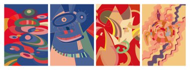 Sanatsal soyut vektör. Duvar yazısı tarzında süslü kıvrımlı posterler. Kübizm sanat tasarım elementleri. Modern mistik doğal ruhani fikir. El çiziminde gelecekçi geometri.