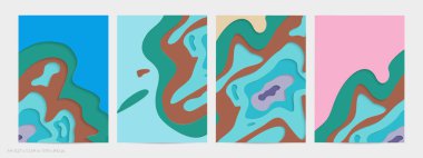 Soyut üç boyutlu kağıt, sanatı keser. Dalgalı kağıt işçiliğiyle renkli bir arka plan. Sanatsal vektör gerçekçi gölgeli şekilleri kesiyor. Parlak oyma dokusu. Topografi yardım taklidi.