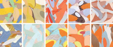 Soyut vektörsüz şablon ayarlandı. Organik grunge, üst üste binen dalgalı şekiller ve çizgiler. El yazısıyla çizilmiş pastel renkli arka plan. Çizgili noktalı yaprak formları. Düz tekstil kumaşı.