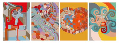 Sanatsal soyut vektör. Duvar yazısı tarzında süslü kıvrımlı posterler. Kübizm sanat tasarım elementleri. Modern mistik doğal ruhani fikir. El çiziminde gelecekçi geometri.