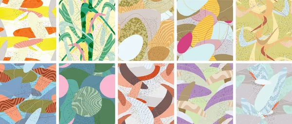 Soyut vektörsüz şablon ayarlandı. Organik grunge, üst üste binen dalgalı şekiller ve çizgiler. El yazısıyla çizilmiş pastel renkli arka plan. Çizgili noktalı yaprak formları. Düz tekstil kumaşı.
