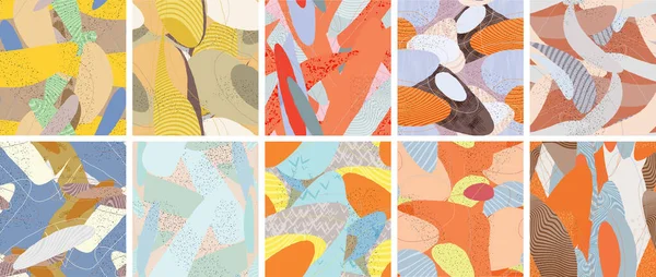 Soyut vektörsüz şablon ayarlandı. Organik grunge, üst üste binen dalgalı şekiller ve çizgiler. El yazısıyla çizilmiş pastel renkli arka plan. Çizgili noktalı yaprak formları. Düz tekstil kumaşı.