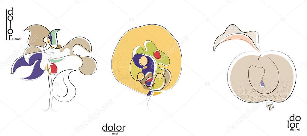 Abstract hand drawn vector artistic logo set isolated on white. Line art artistic illustration with texture. Retro flat colors organic natural Eco food design. Organic healthy vegan doodle.