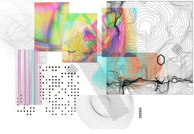 Geometrik bilim kurgu elementleriyle soyut sanat geçmişi. Sanal gerçekliğin yüksek teknolojili siber punk teknolojisi. Bilgisayar hologramla bilim modelleri üretti. Modern Gotik sanat seti tasarım seti.
