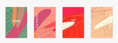 Minimum soyut vektör kaplama şablonu. Organik grunge, üst üste binen dalgalı şekiller ve çizgiler. El yazısıyla çizilmiş pastel renkli arka plan. Çizgili noktalı yaprak formları. Çağdaş tasarım.