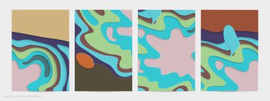 Soyut üç boyutlu kağıt, sanatı keser. Dalgalı kağıt işçiliğiyle renkli bir arka plan. Sanatsal vektör gerçekçi gölgeli şekilleri kesiyor. Parlak oyma dokusu. Topografi yardım taklidi.