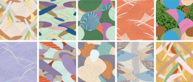 Soyut vektörsüz şablon ayarlandı. Organik grunge, üst üste binen dalgalı şekiller ve çizgiler. El yazısıyla çizilmiş pastel renkli arka plan. Çizgili noktalı yaprak formları. Düz tekstil kumaşı.