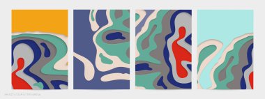 Soyut üç boyutlu kağıt, sanatı keser. Dalgalı kağıt işçiliğiyle renkli bir arka plan. Sanatsal vektör gerçekçi gölgeli şekilleri kesiyor. Parlak oyma dokusu. Topografi yardım taklidi.