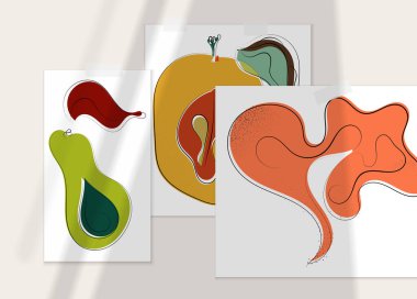 Gölge kaplamalı soyut el çizimi vektör çizimi poster. Çizgi sanatsal çizim ve doku. Retro düz renkler organik doğal tasarım. Organik sağlıklı vejetaryen karalaması..