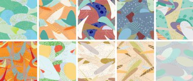 Soyut vektörsüz şablon ayarlandı. Organik grunge, üst üste binen dalgalı şekiller ve çizgiler. El yazısıyla çizilmiş pastel renkli arka plan. Çizgili noktalı yaprak formları. Düz tekstil kumaşı.