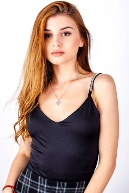 fashion woman white background studio shoot black top clipart