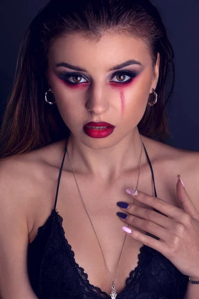 Démon Smink Keresni Halloween Közelkép Lövés Stúdióban Szépségfotózás Halloweenkor — Stock Fotó