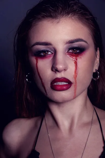 Blodiga Tårar Kompensera För Halloween Närbild — Stockfoto